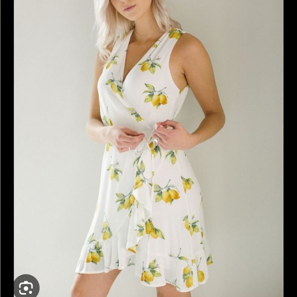 Rails Madison Lemon Print Wrap Mini Dress White Yellow Sleeveless Small